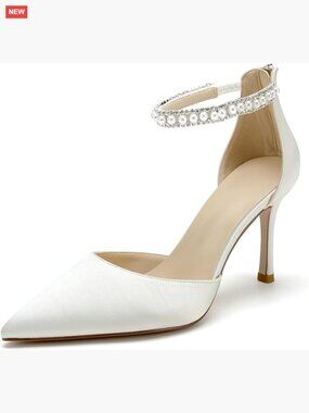 Satin Pearl Wedding Heels Pumps 3.3 Inch Block Heel Zipper Back